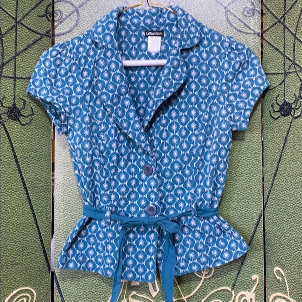 Teal embroidered short sleeve button up jacket top